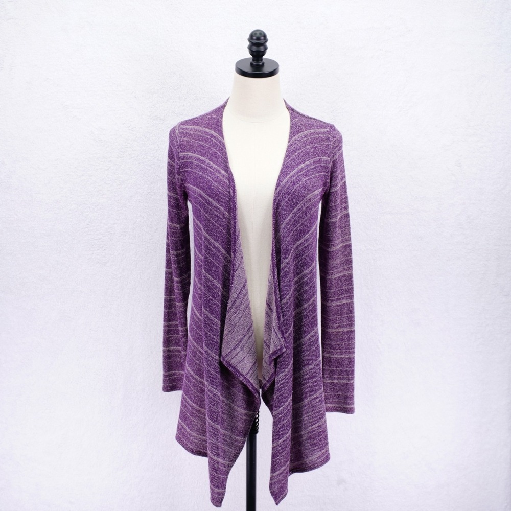 Volcom -PS 10- Purple Draped Cardigan Sweater Polyester Cotton Striped Knit